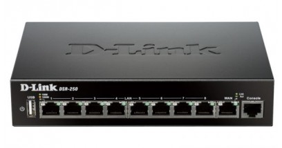 Межсетевой экран D-Link DSR-250 VPN 1x10/100/1000Mbps WAN, 8x10/100/1000Mbps Lan, 1xUSB, 802.11n