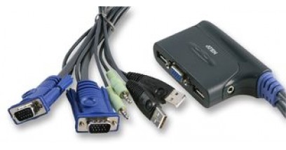 Переключатель KVM ATEN KVM Switch CS-62U 2-port, мини, USB+audio, встроенные кабели 1.8м
