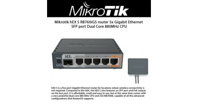 Маршрутизатор MikroTik RB760iGS hEX S with Dual Core 880MHz MHz CPU, 256MB RAM, 5 Gigabit LAN ports, SFP, USB, PoE-out on port #5, RouterOS L4, plastic case, PSU
