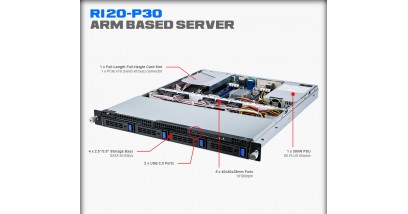 Серверная платформа Gigabyte R120-P30 1U AppliedMicro X-Gene 1 processor/ 8 x ECC UDIMM DDR3 / 4 x 2.5""-3.5"" hot-swap/2 x 10GbE SFP+ LAN ports/ 2 x GbE LAN ports / 1 x 350W 80 PLUS Bronze