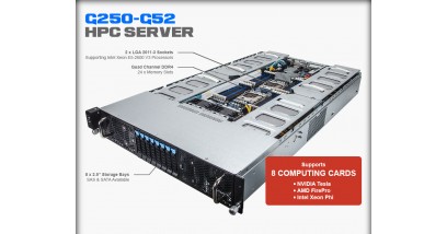 Серверная платформа Gigabyte G250-G52 2U HPC Server - 8 x GPGPU Card Slots 2x E5-2600V4, 24 x RDIMM ECC DDR4 slots, 2 x GbE LAN ports (Intel® I350-AM2), 8 x 2.5"" hot-swappable HDD/SSD bays, 80 PLUS Platinum 2000W redundant PSU (1+1)